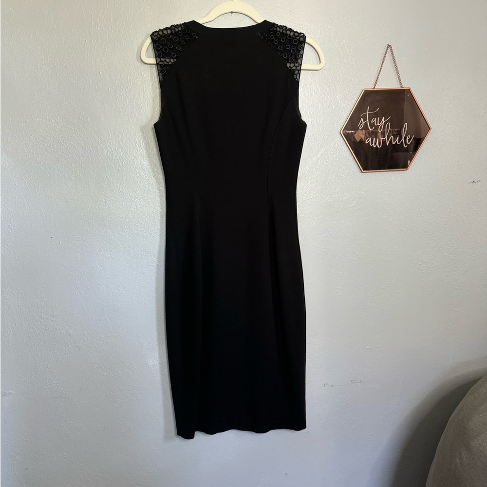 Eilie Tahari Black ZIp front Midi with Mesh Grommet Shoulders Size 2 - Picture 9 of 9